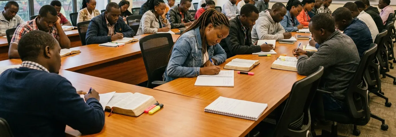 A full Bible school class studying with open Bibles, highlighters and notebooks
