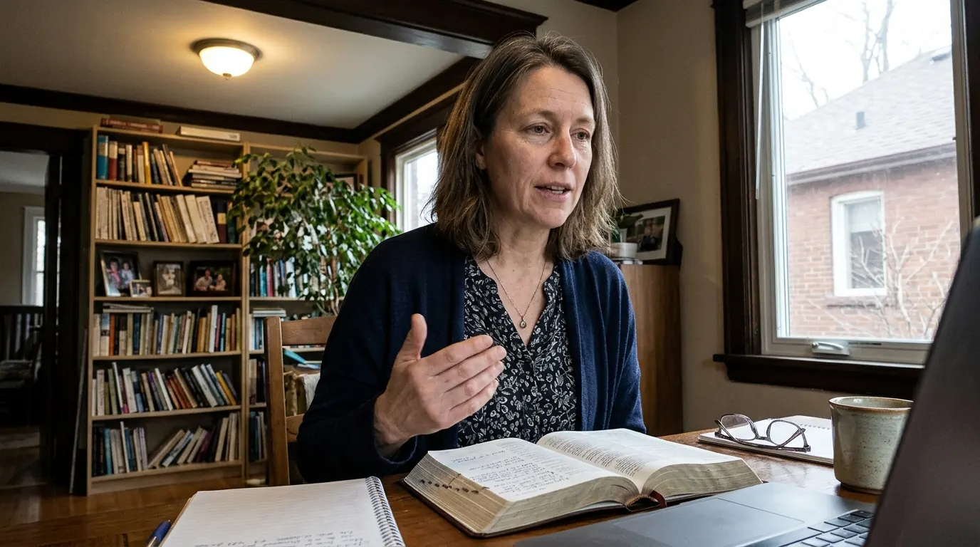 A teacher leading an online church class from her dining room, with an open Bible and notes