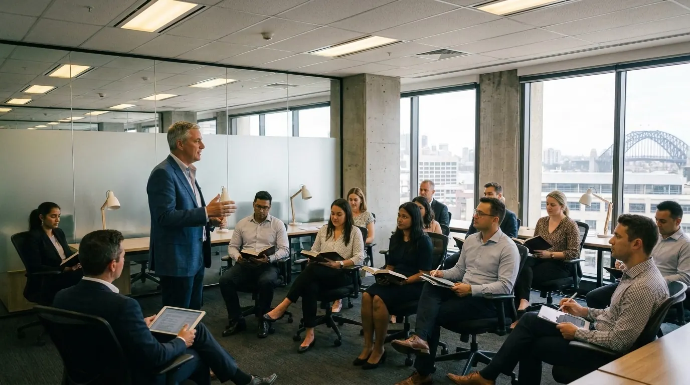 A trainer teaching a leadership group in a city meeting room, with Bibles and notes open
