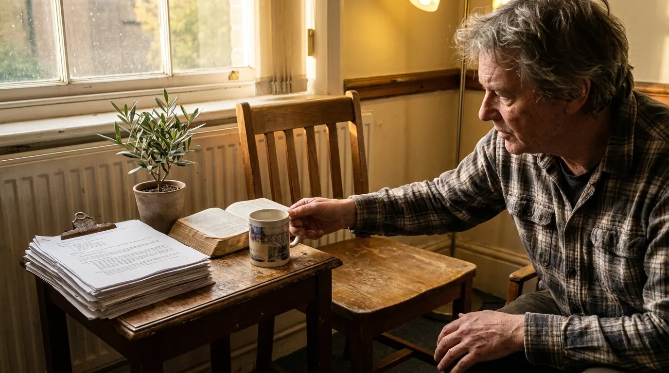 A man reading his Bible beside a stack of lesson notes