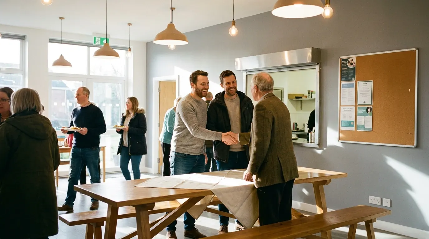 Newcomers and church members shaking hands over lunch in a bright church hall