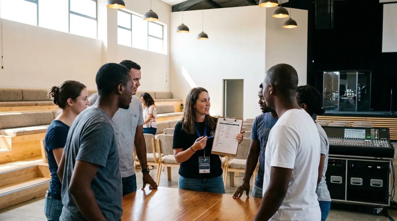 A team leader with a clipboard briefing new volunteers in a church auditorium